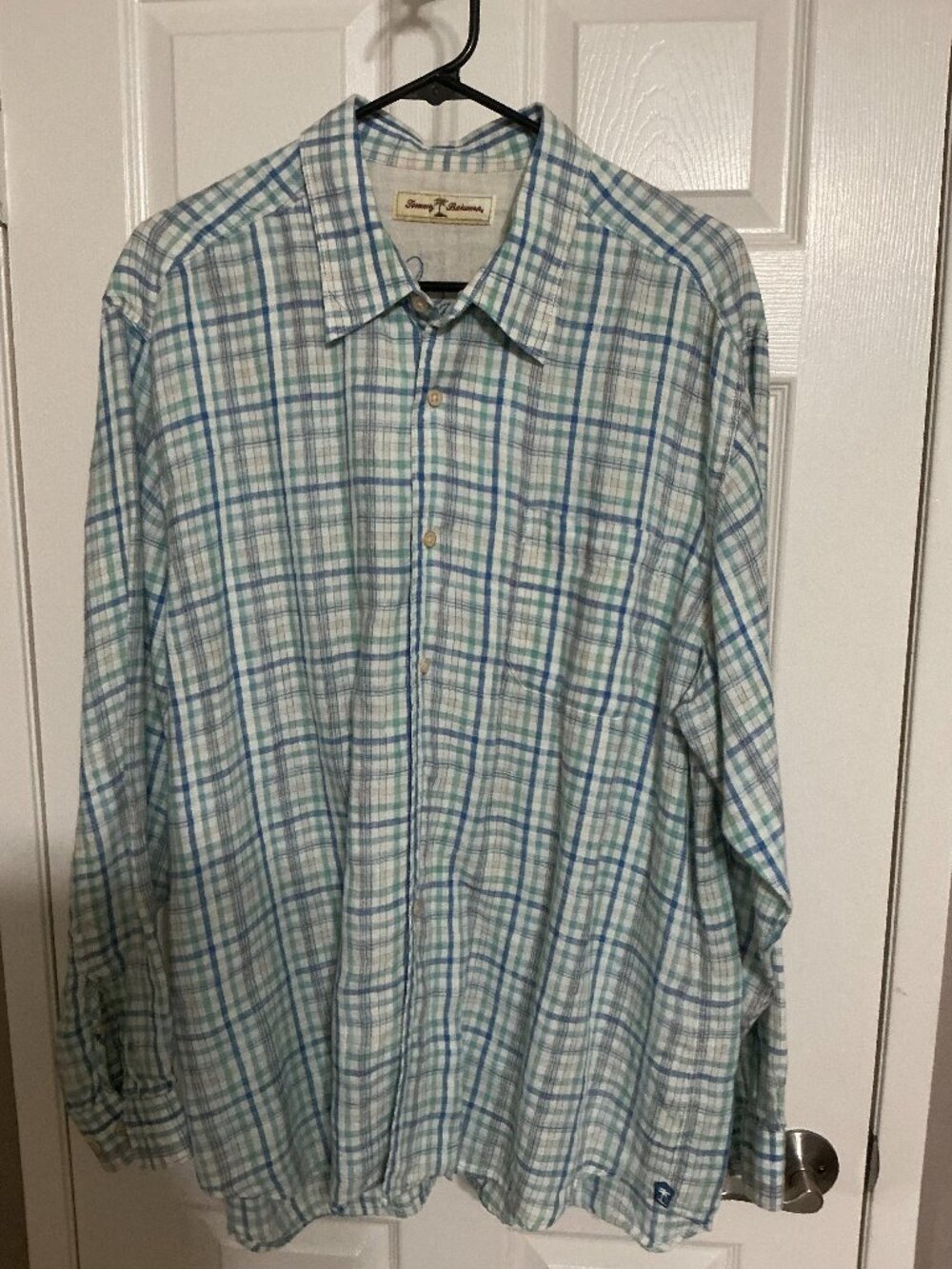 Tommy Bahama Men’s XL 100% Linen Blue Green Plaid Long Sleeve Shirt